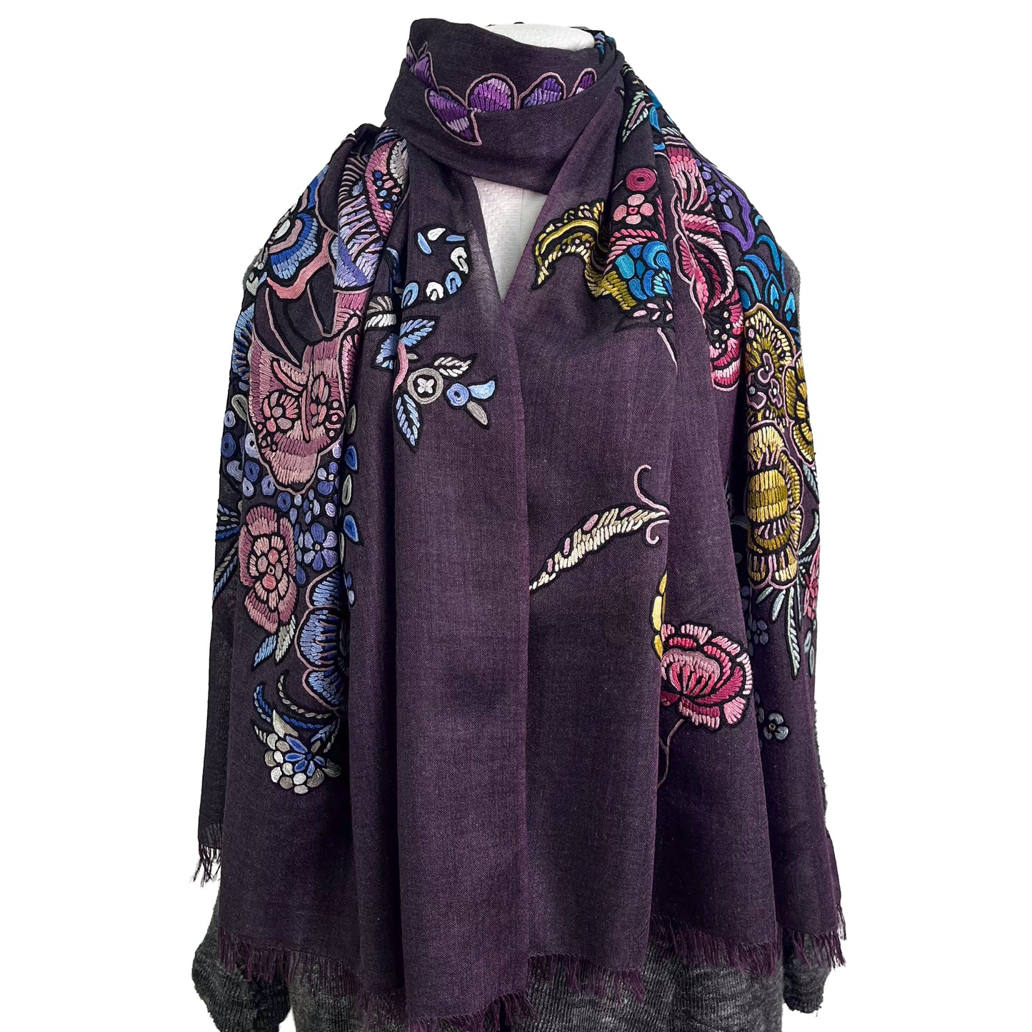 [Free Shipping] Exotic Flower Wool &amp; Silk Allie Hand Embroidered Stole 188cm x 57cm (Light Orange)