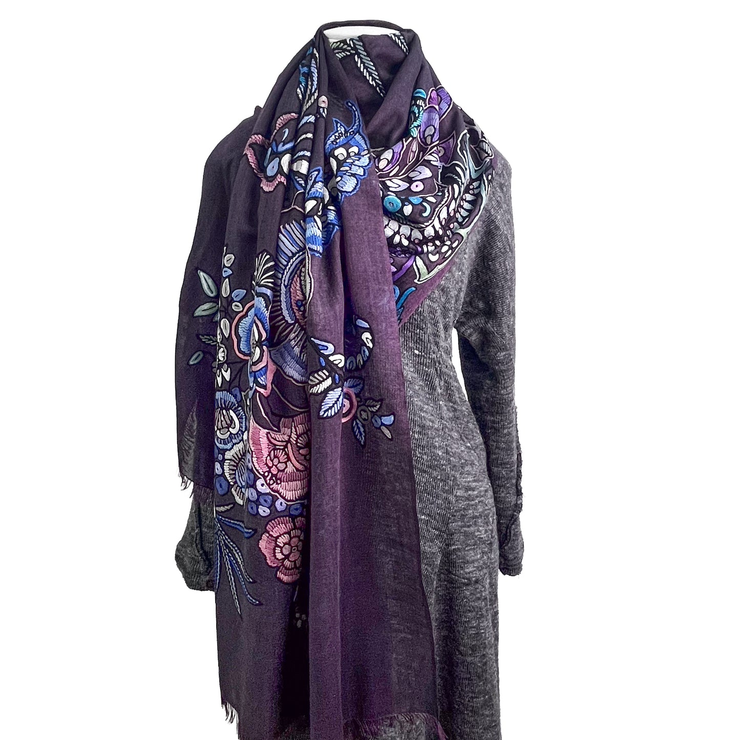 [Free Shipping] Exotic Flower Wool &amp; Silk Allie Hand Embroidered Stole 188cm x 57cm (Light Orange)