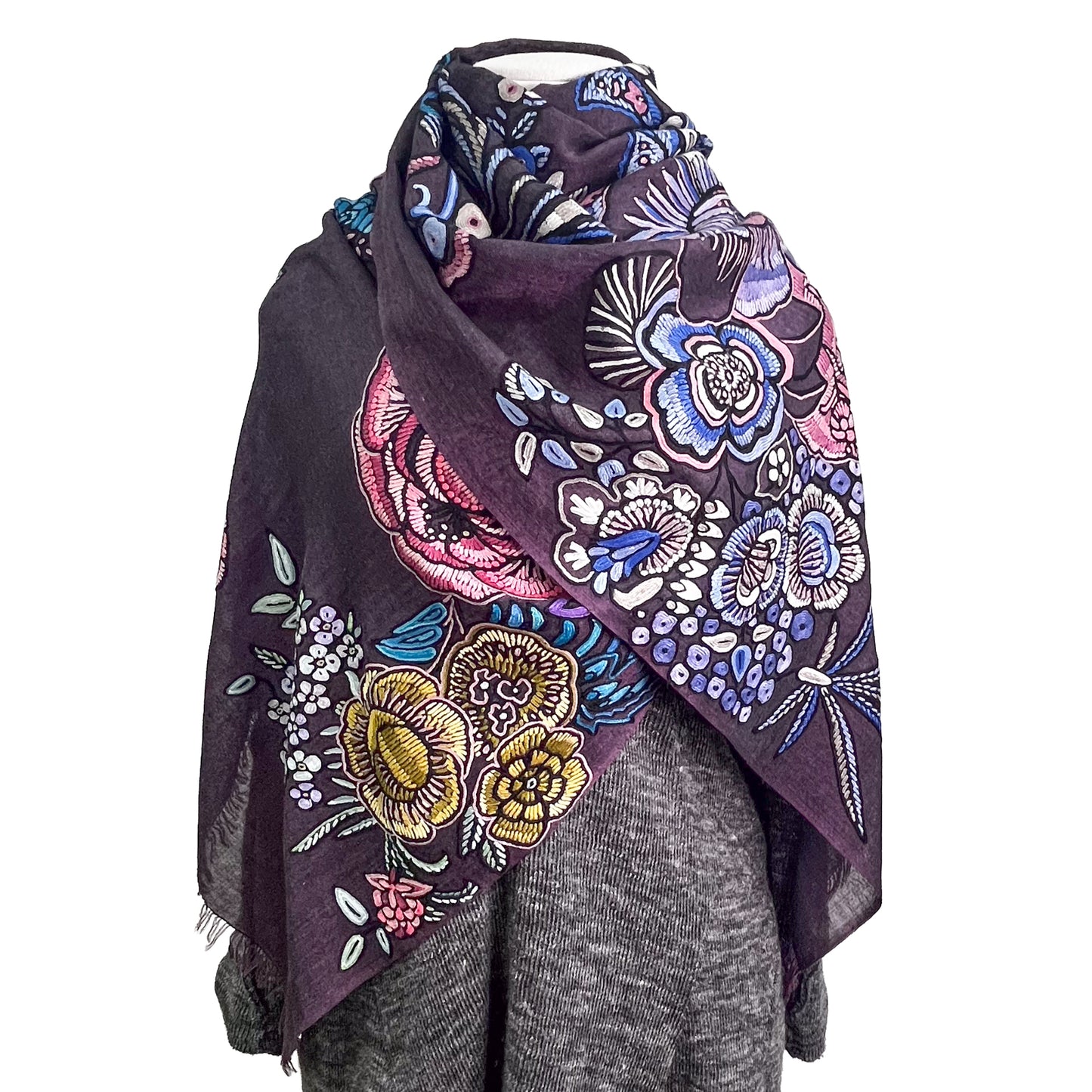 [Free Shipping] Exotic Flower Wool &amp; Silk Allie Hand Embroidered Stole 188cm x 57cm (Light Orange)