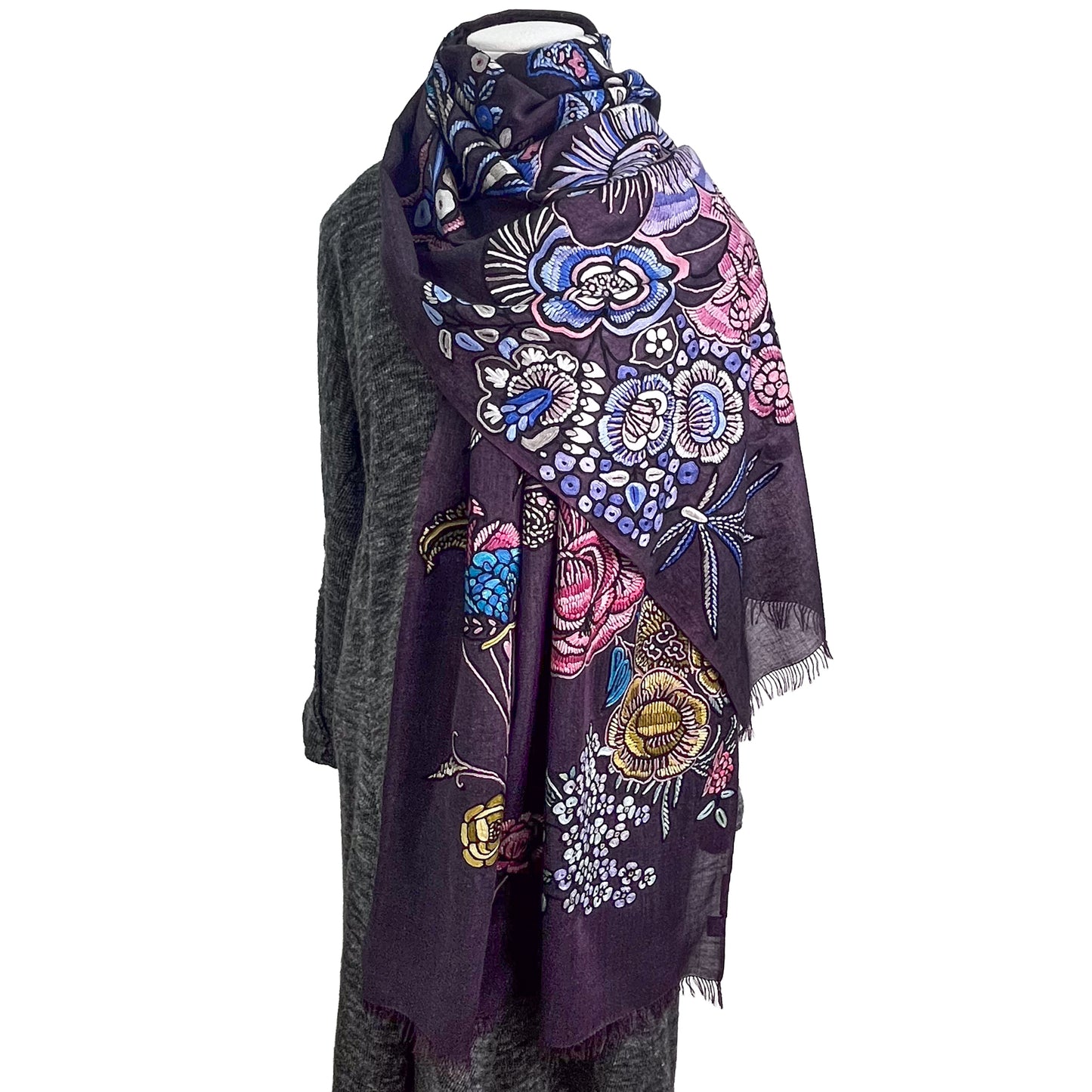 [Free Shipping] Exotic Flower Wool &amp; Silk Allie Hand Embroidered Stole 188cm x 57cm (Light Orange)