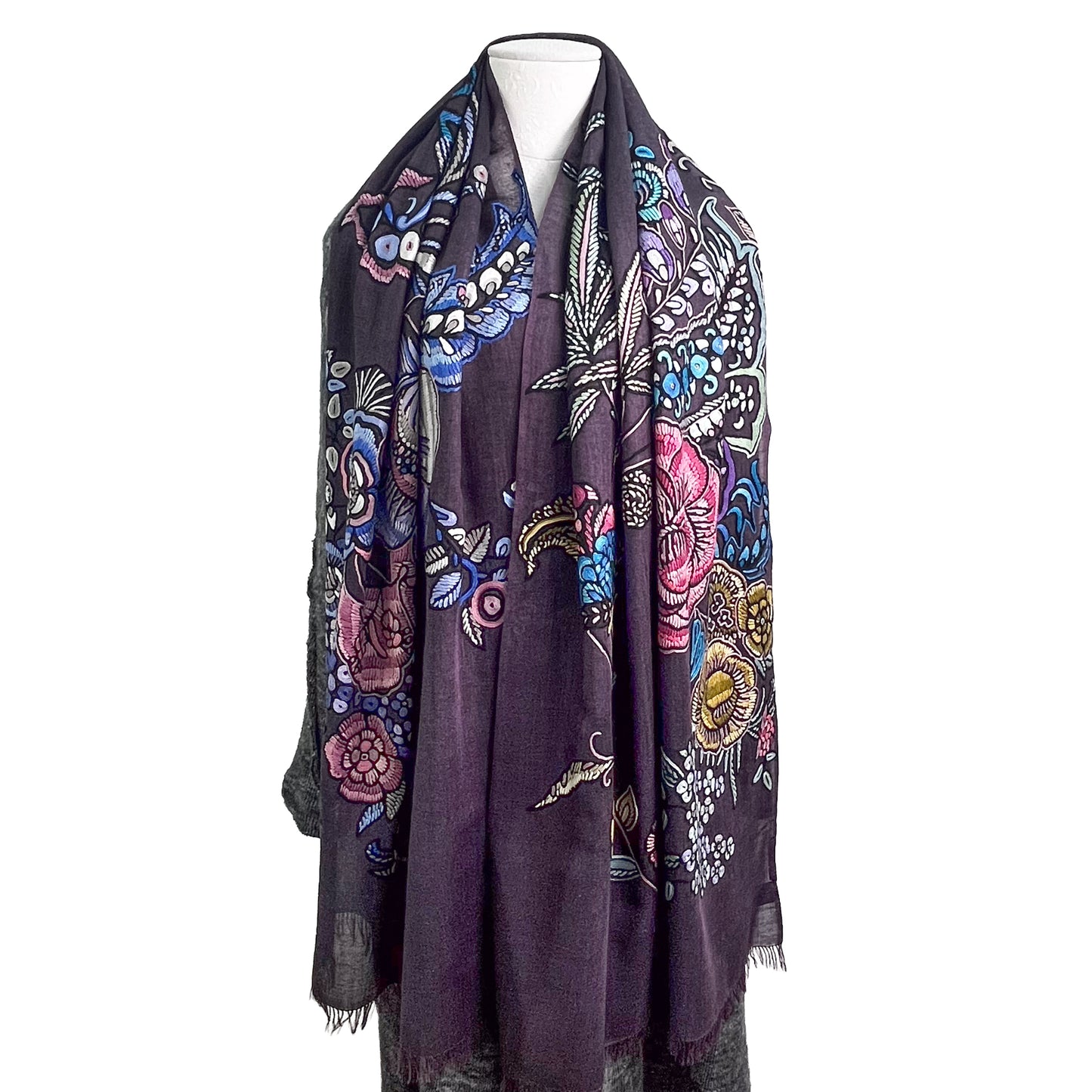 [Free Shipping] Exotic Flower Wool &amp; Silk Allie Hand Embroidered Stole 188cm x 57cm (Light Orange)