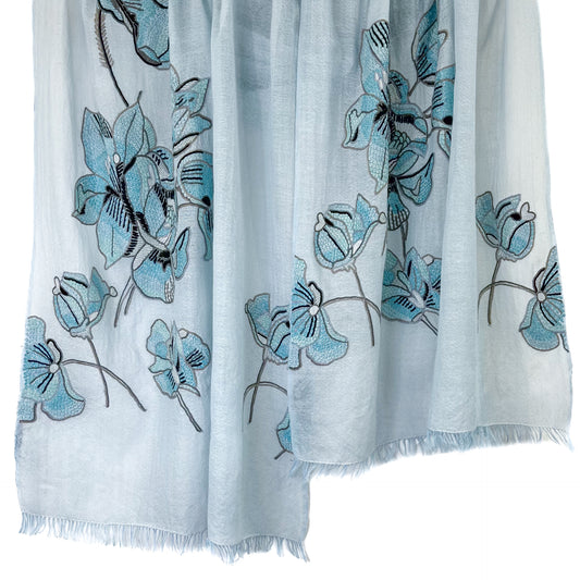 Utopian Flowers Wool &amp; Silk Allie Hand Embroidered Stole (Pale Blue)