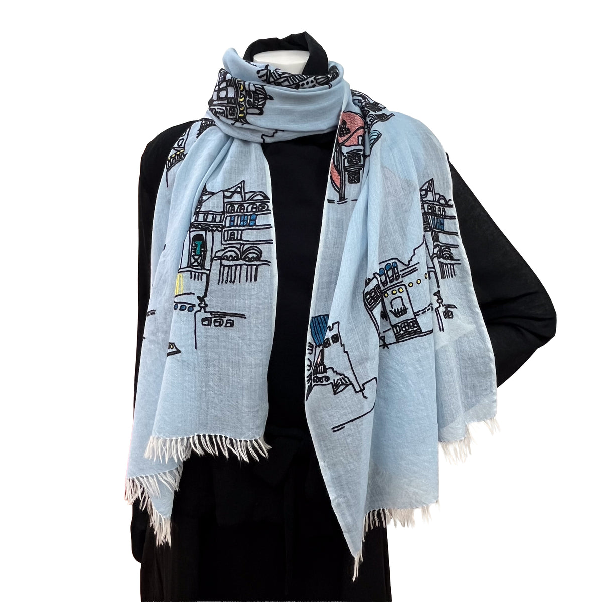 Town 薄手ウール&シルク アリー手刺繍ストール (ライトブルー)