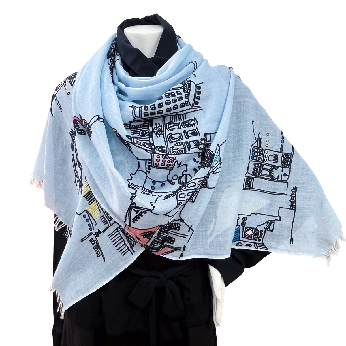 Town 薄手ウール&シルク アリー手刺繍ストール (ライトブルー)