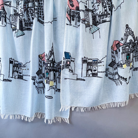 Town 薄手ウール&シルク アリー手刺繍ストール (ライトブルー)