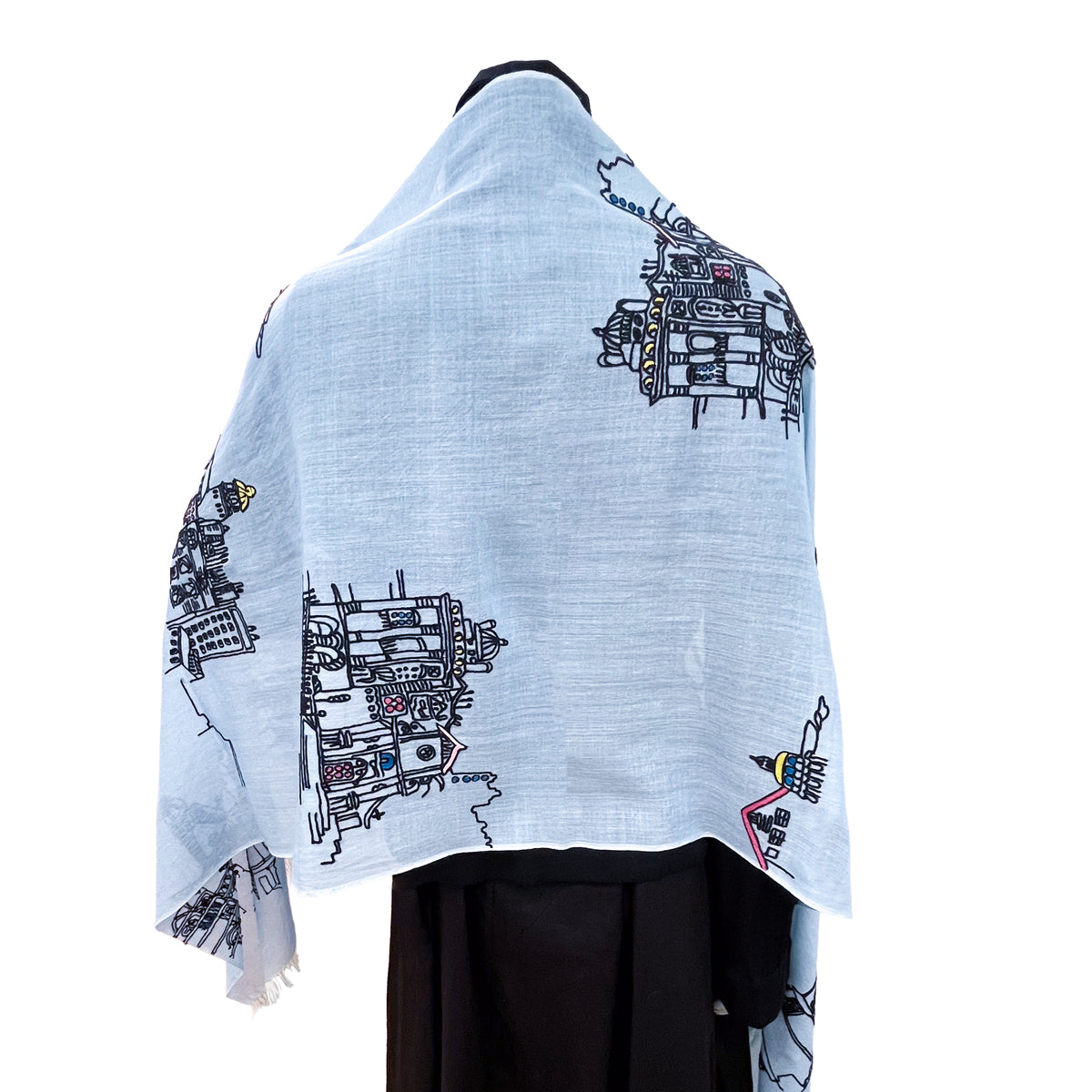 Town 薄手ウール&シルク アリー手刺繍ストール (ライトブルー)