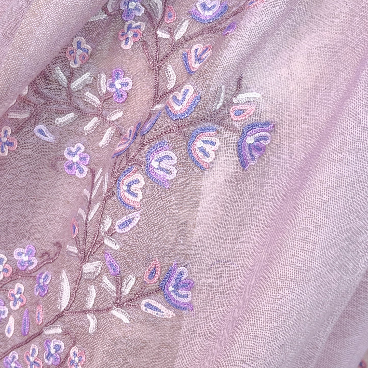 Flower Motif Gift Series Lightweight Wool &amp; Silk Allie Hand Embroidered Stole (Blue Gray)