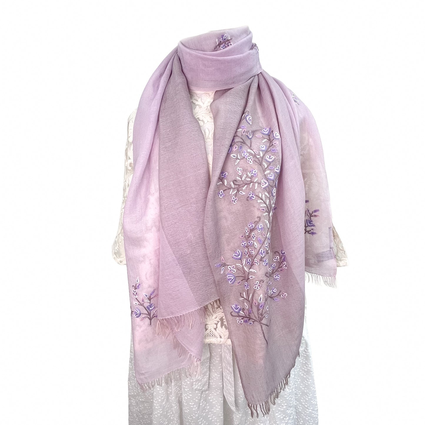Flower Motif Gift Series Lightweight Wool &amp; Silk Allie Hand Embroidered Stole (Blue Gray)