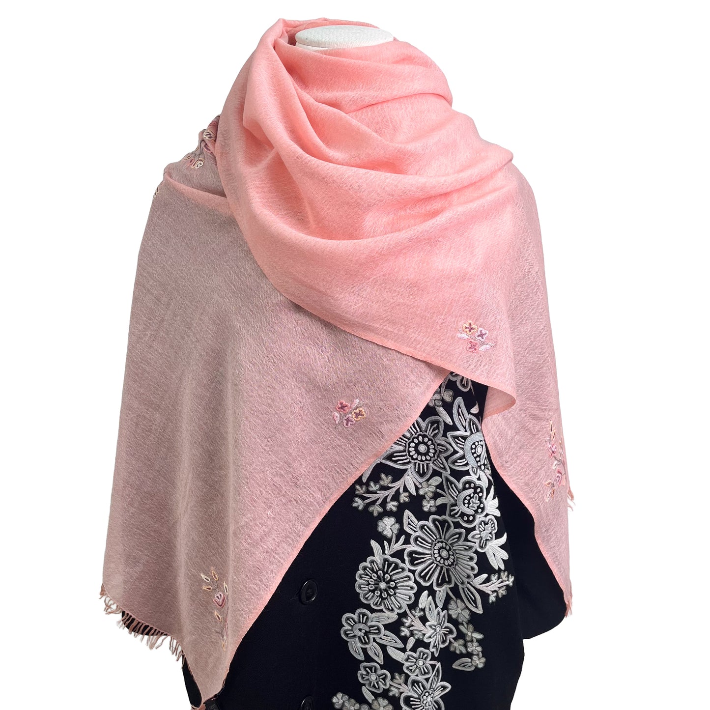 Flower Motif Gift Series Lightweight Wool &amp; Silk Allie Hand Embroidered Stole (Blue Gray)