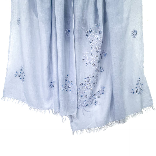Flower Motif Gift Series Lightweight Wool & Silk Allie Hand Embroidered Stole (Blue Gray)