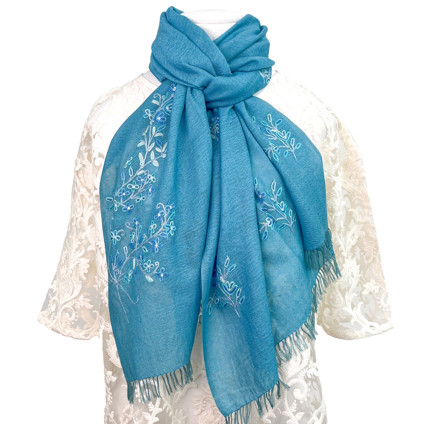Flower Motif Gift Series Lightweight Wool &amp; Silk Allie Hand Embroidered Stole (Blue Gray)