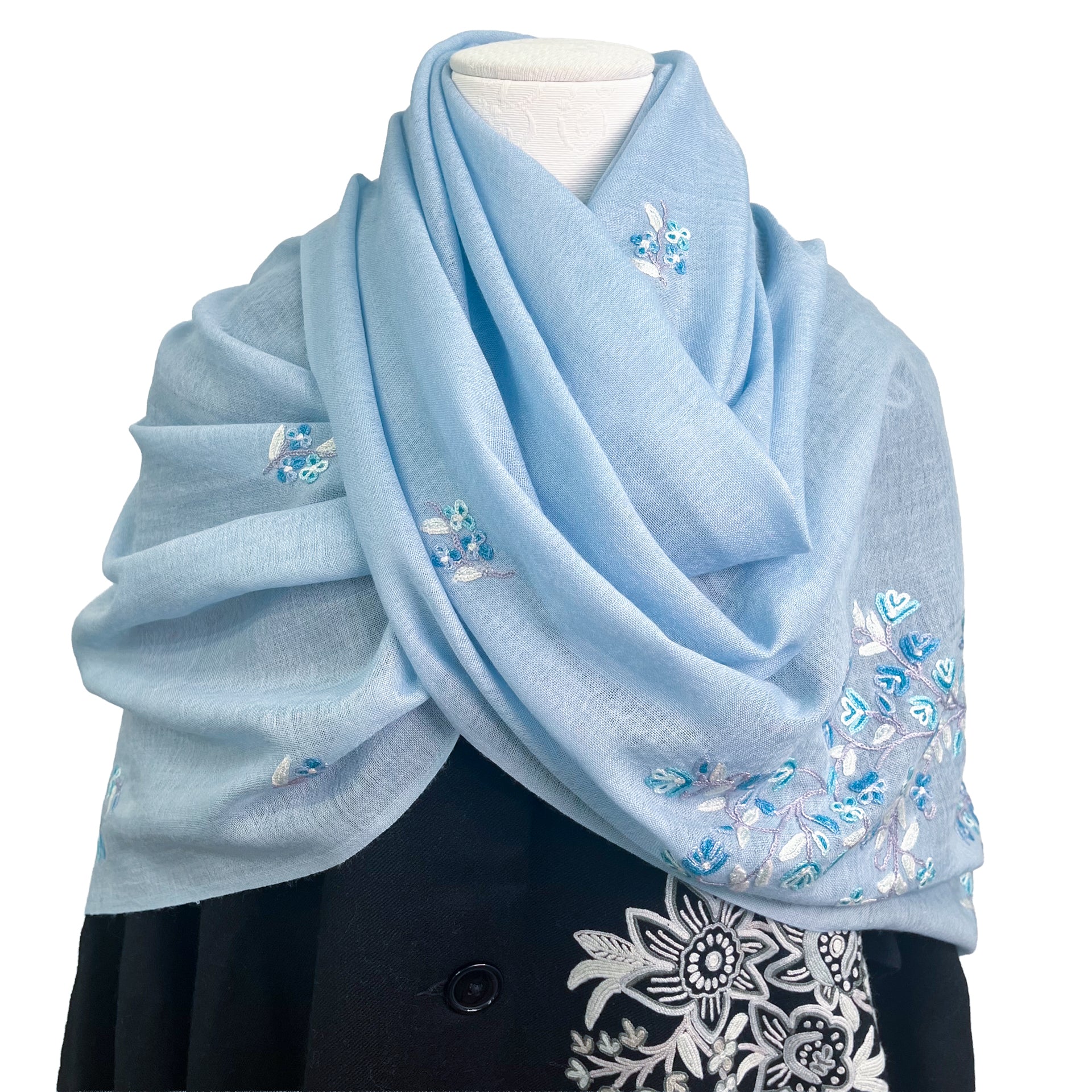 ターラ ブランカ TARA BLANCA ウール ストール 刺繍　花柄　グレー フラワーモチーフ ギフトシリーズ 薄手ウール&シルク アリー手刺繍