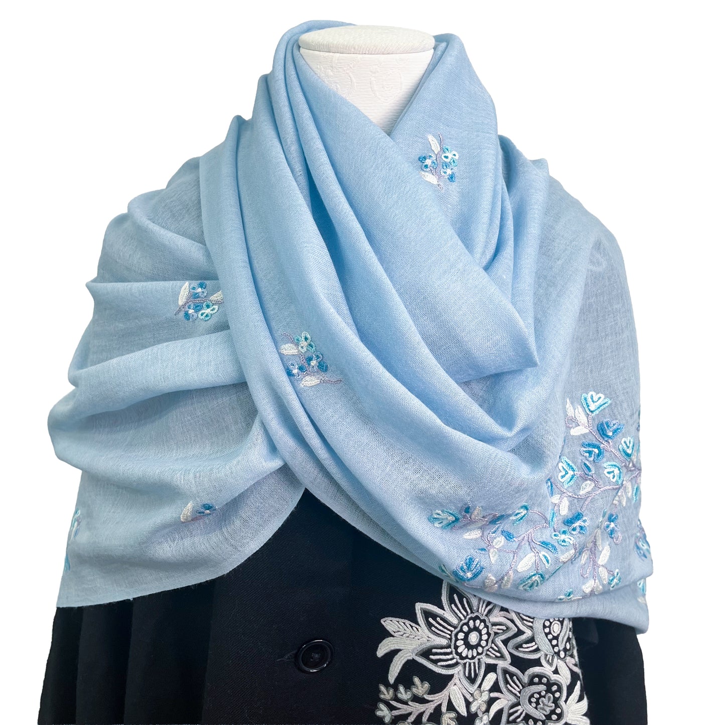Flower Motif Gift Series Lightweight Wool &amp; Silk Allie Hand Embroidered Stole (Blue Gray)