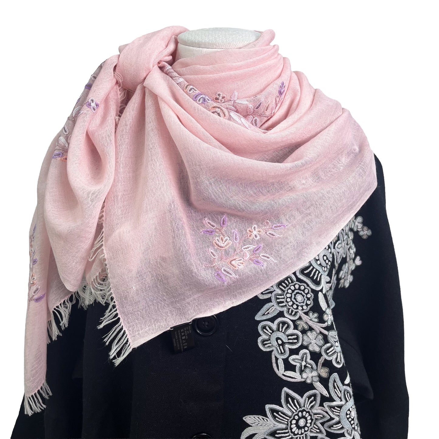 Flower Motif Gift Series Lightweight Wool &amp; Silk Allie Hand Embroidered Stole (Blue Gray)