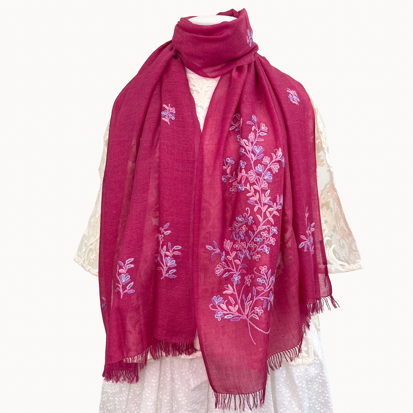 Flower Motif Gift Series Lightweight Wool &amp; Silk Allie Hand Embroidered Stole (Blue Gray)