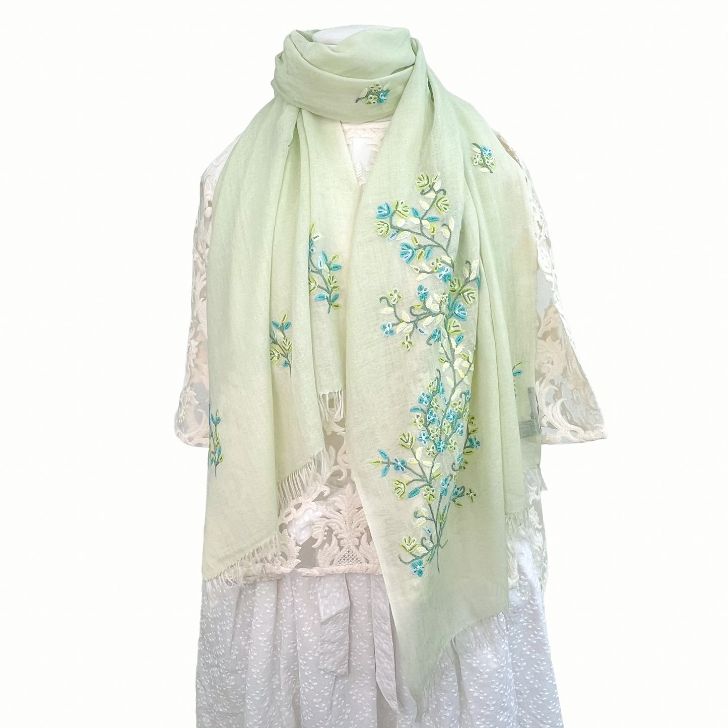 Flower Motif Gift Series Lightweight Wool &amp; Silk Allie Hand Embroidered Stole (Blue Gray)