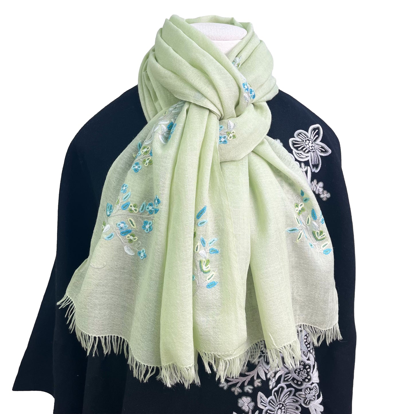 Flower Motif Gift Series Lightweight Wool &amp; Silk Allie Hand Embroidered Stole (Blue Gray)