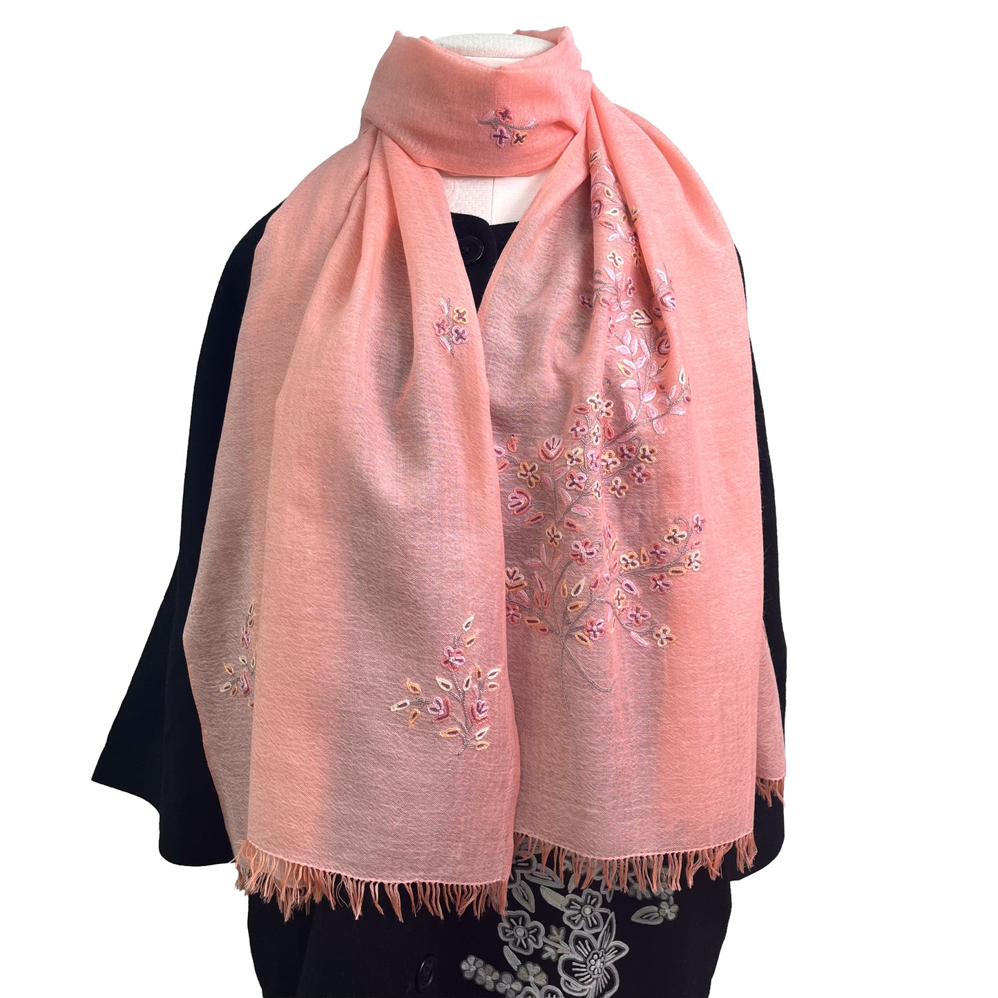 Flower Motif Gift Series Lightweight Wool &amp; Silk Allie Hand Embroidered Stole (Blue Gray)