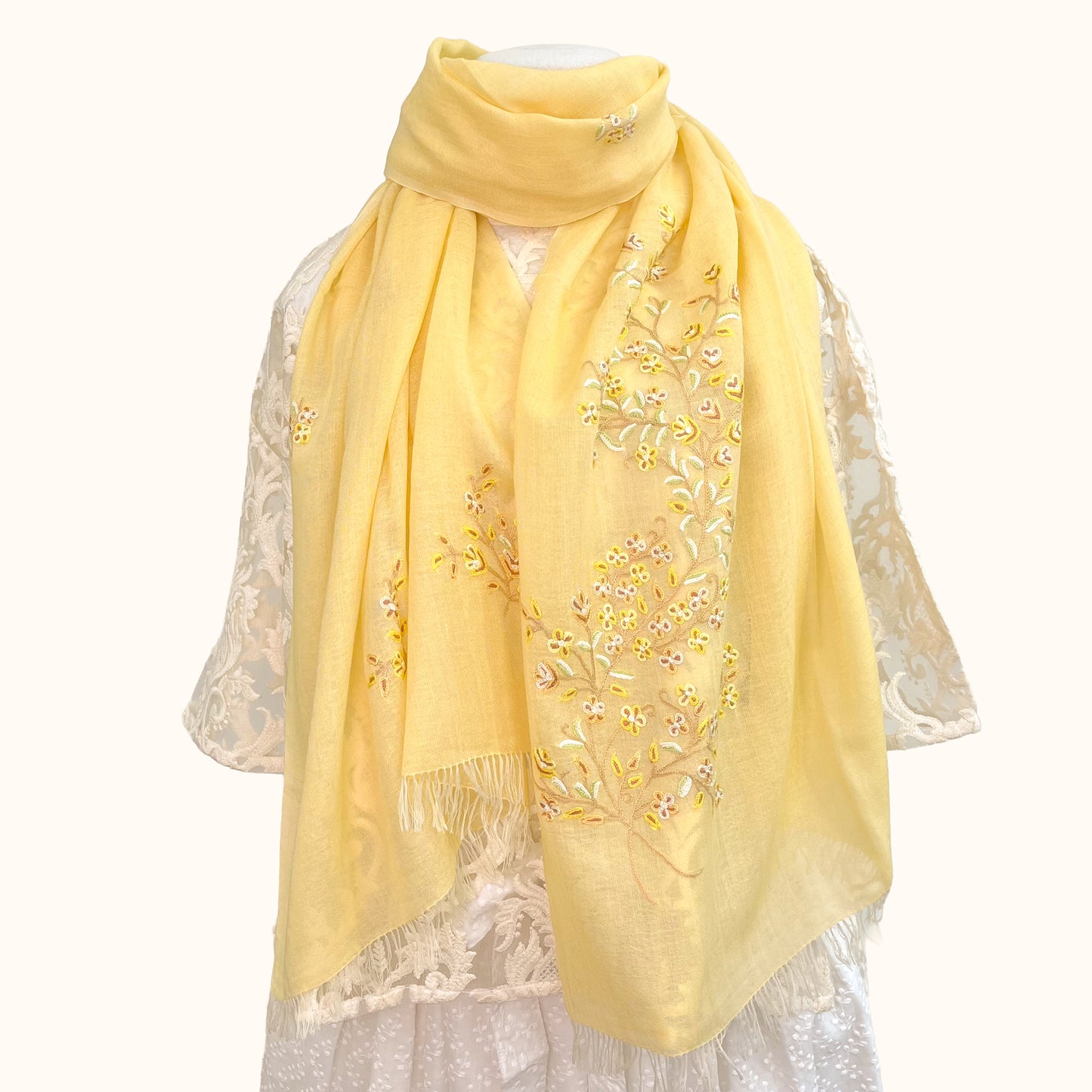 Flower Motif Gift Series Lightweight Wool &amp; Silk Allie Hand Embroidered Stole (Blue Gray)