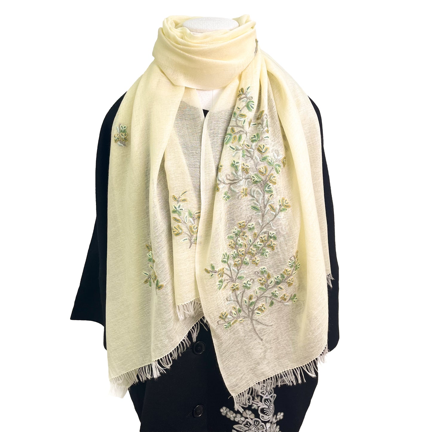Flower Motif Gift Series Lightweight Wool &amp; Silk Allie Hand Embroidered Stole (Blue Gray)