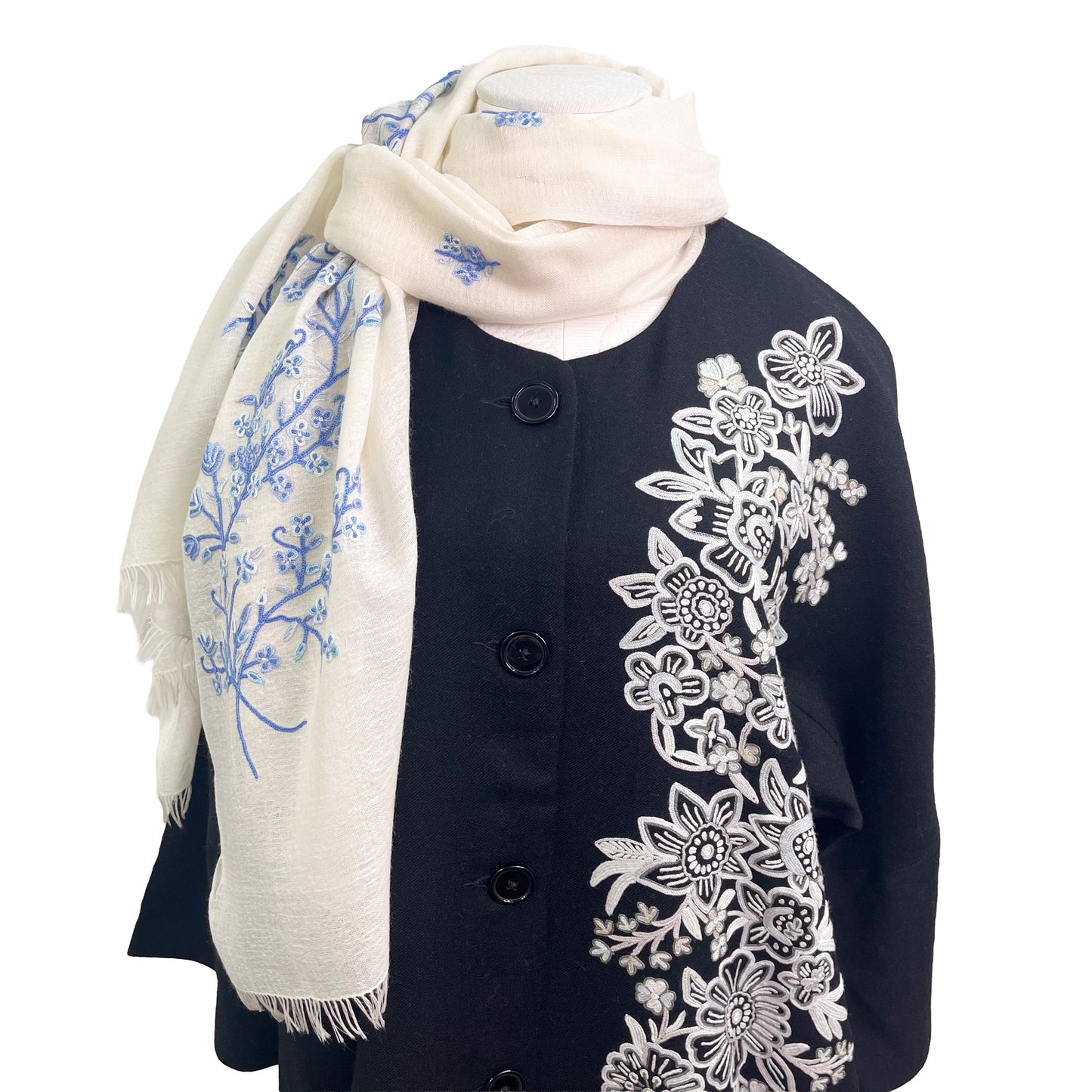 Flower Motif Gift Series Lightweight Wool &amp; Silk Allie Hand Embroidered Stole (Blue Gray)