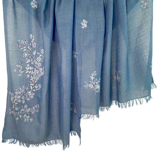 Flower Motif Gift Series Lightweight Wool & Silk Allie Hand Embroidered Stole (Blue Gray)