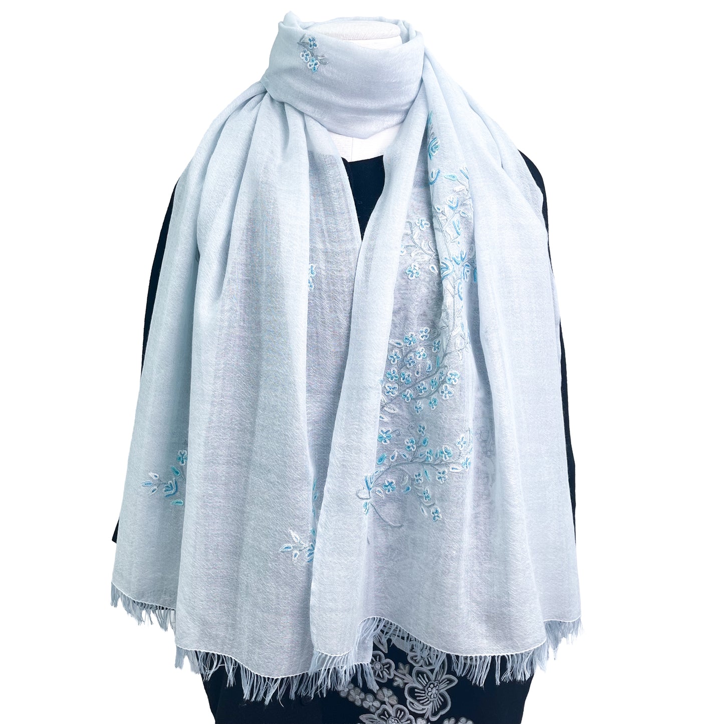 Flower Motif Gift Series Lightweight Wool &amp; Silk Allie Hand Embroidered Stole (Blue Gray)