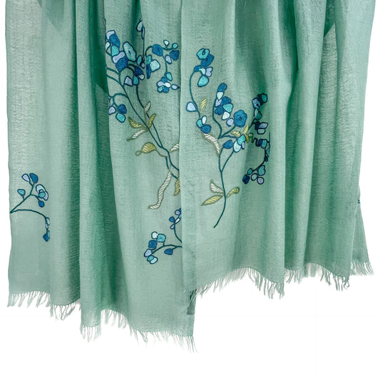 Lightweight wool and silk Allie hand embroidered stole (opal green)