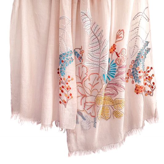 Botanical Flower Thin Wool &amp; Silk Ally Hand Embroidered Stole (Light Pink)