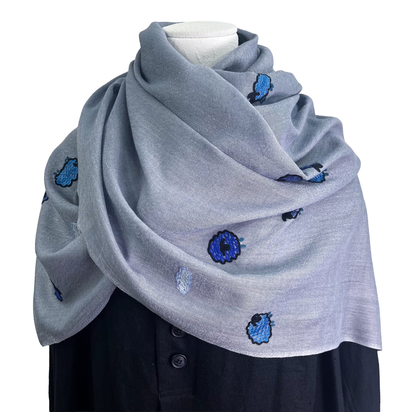 薄手ウール&シルク アリー手刺繍ストール (グレー)