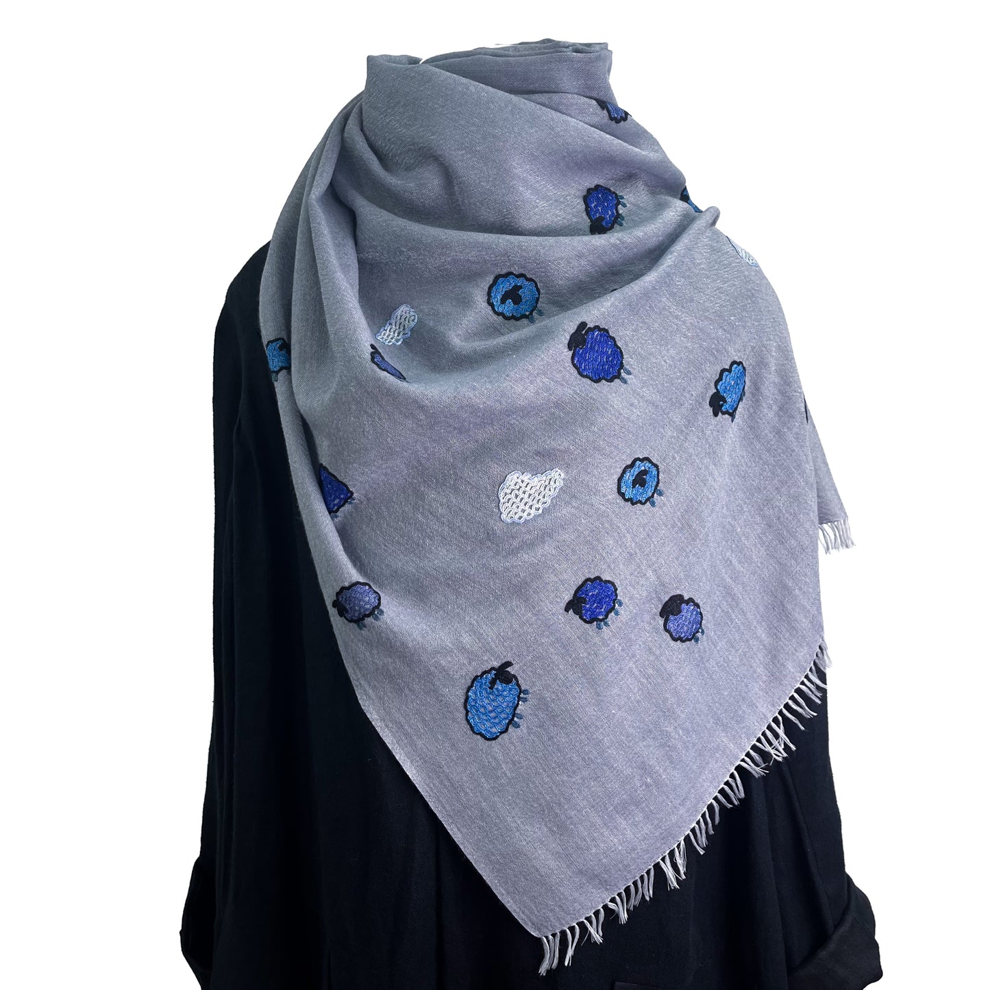 薄手ウール&シルク アリー手刺繍ストール (グレー)