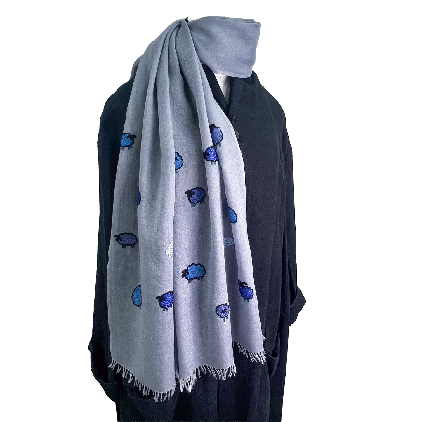 薄手ウール&シルク アリー手刺繍ストール (グレー)