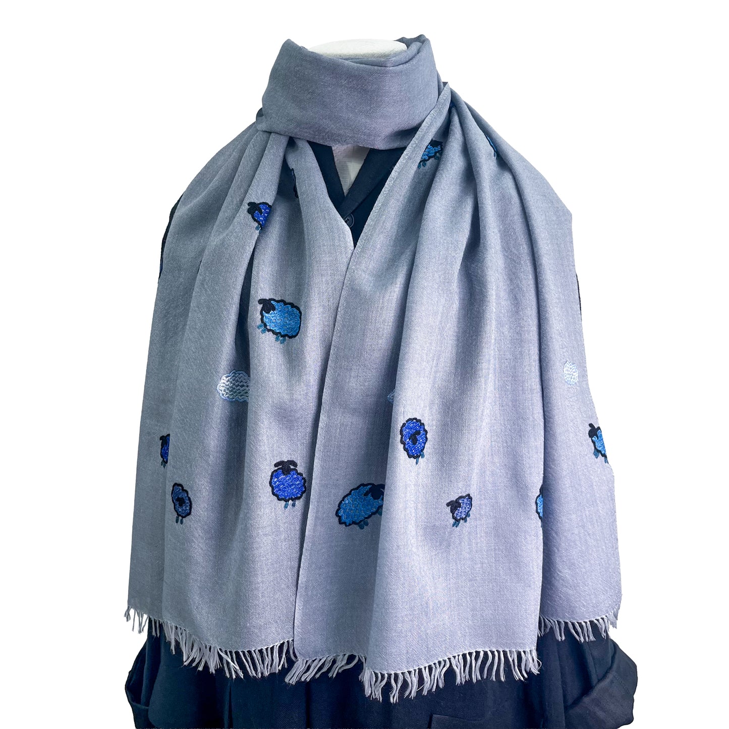 薄手ウール&シルク アリー手刺繍ストール (グレー)