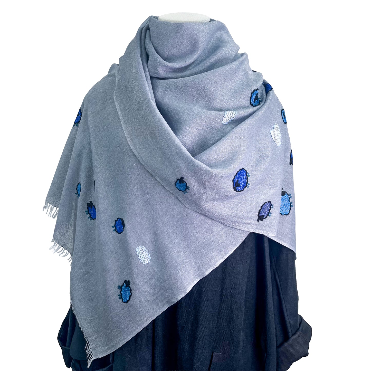 薄手ウール&シルク アリー手刺繍ストール (グレー)