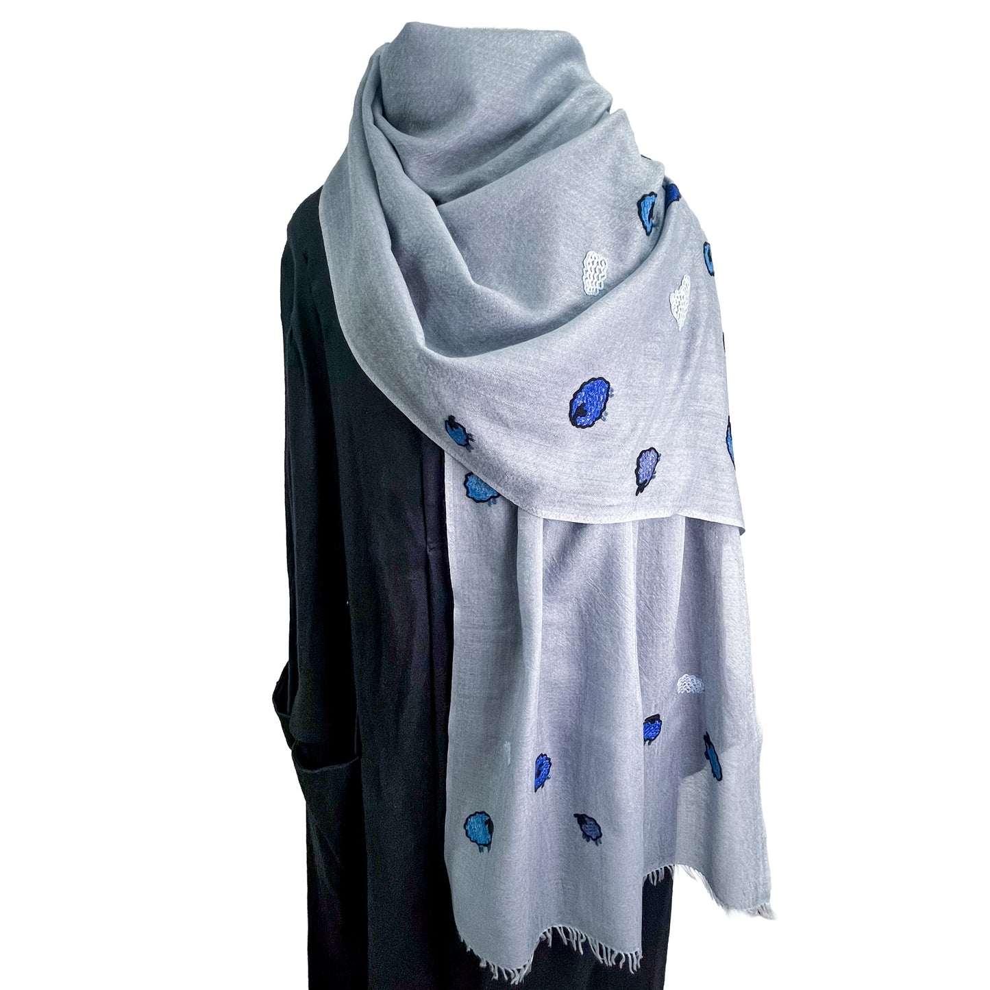 薄手ウール&シルク アリー手刺繍ストール (グレー)