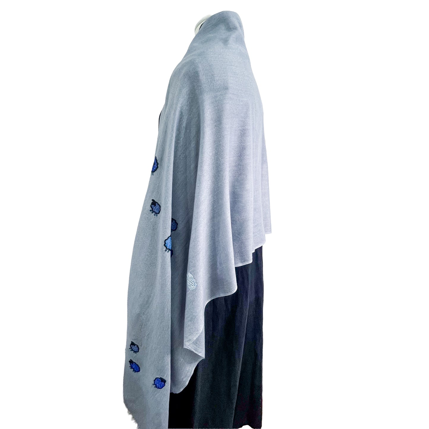 薄手ウール&シルク アリー手刺繍ストール (グレー)