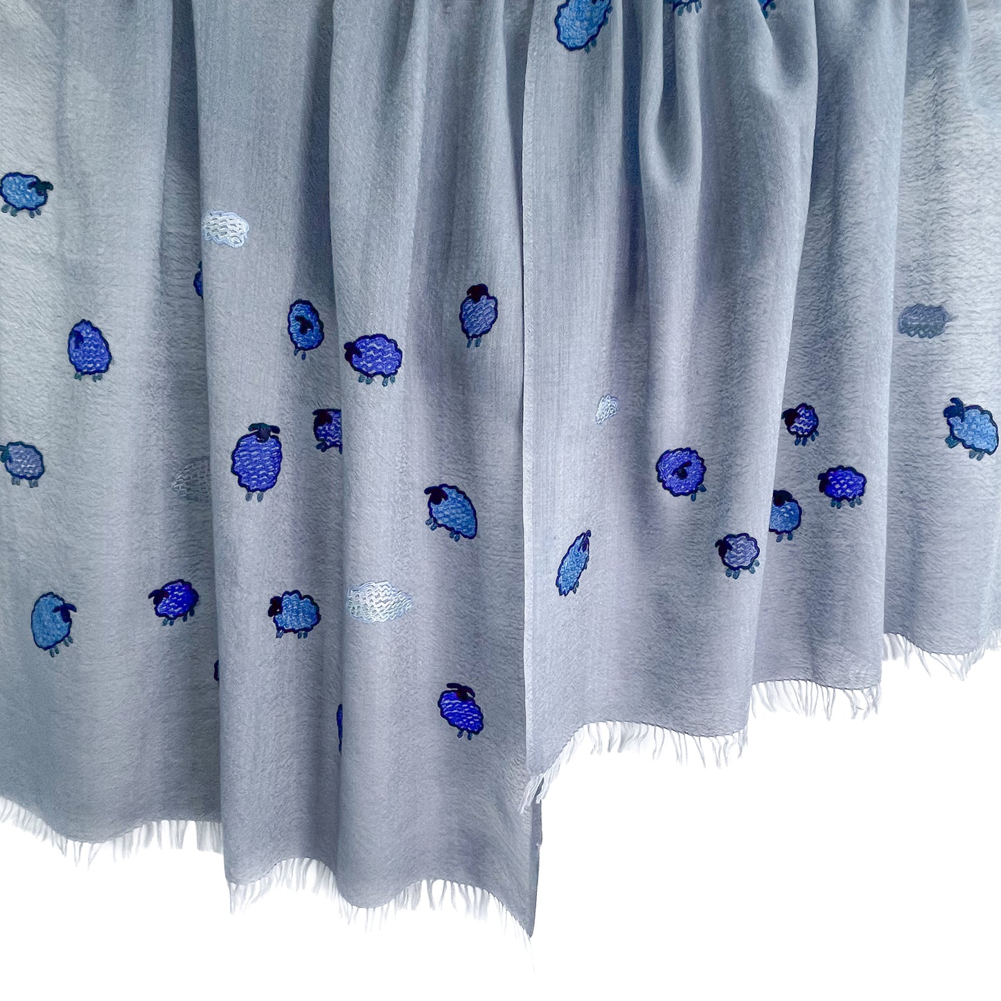 薄手ウール&シルク アリー手刺繍ストール (グレー)