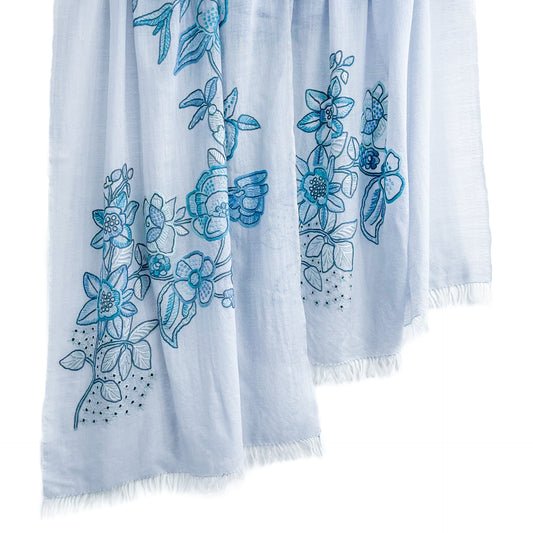 Flower Bouquet Flower Motif Lightweight Wool & Silk Allie Hand Embroidered Stole (Aquamarine)