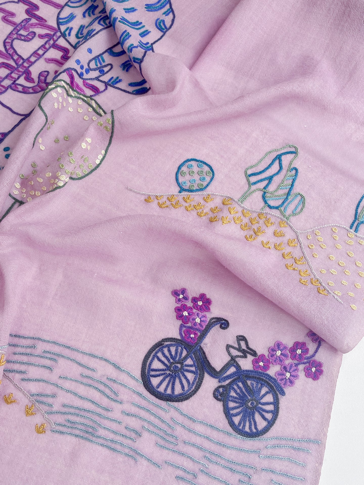 Peace On Earth Wool & Silk Hand-Embroidered Stole (Light Purple)