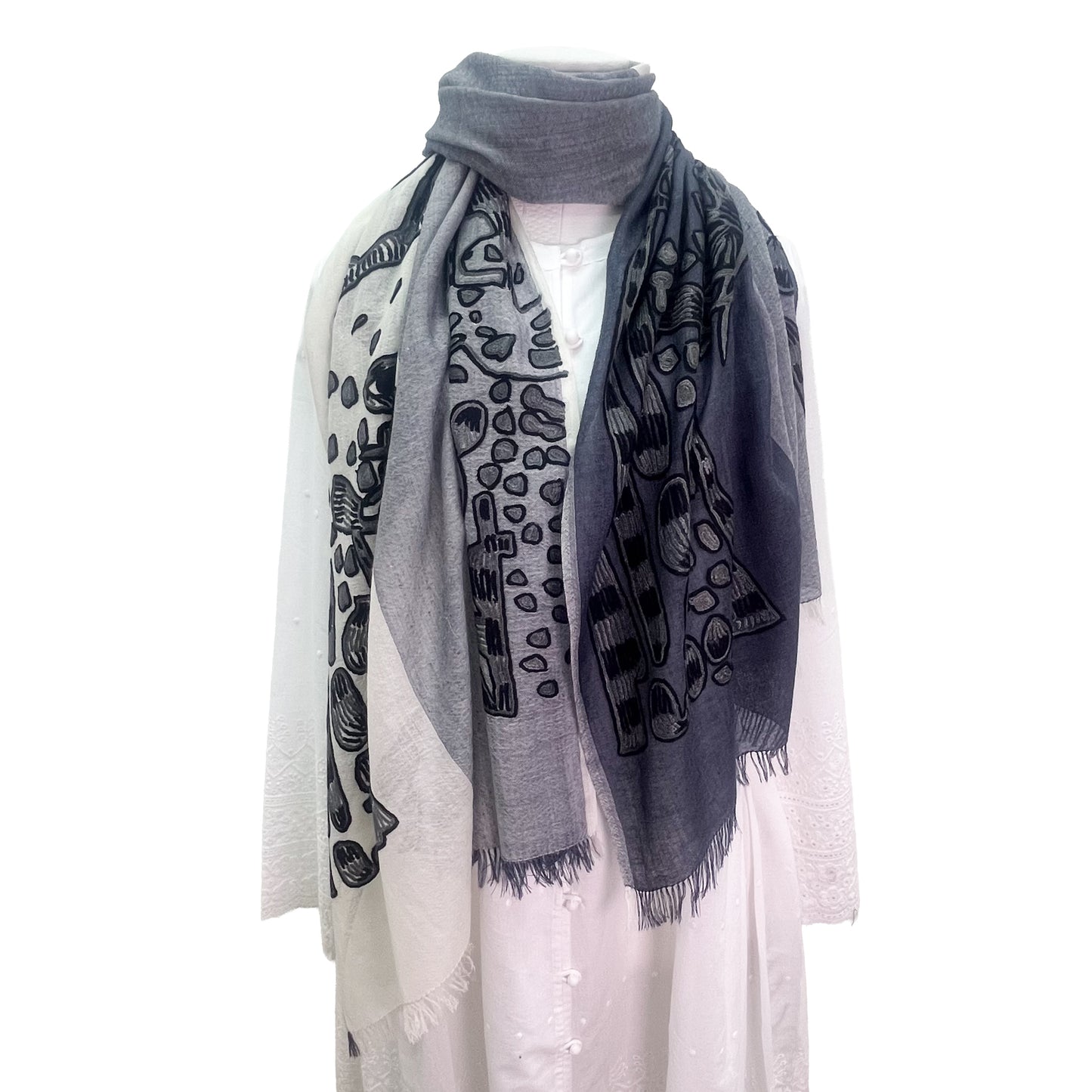 Fine wool & silk Ally hand-embroidered stole (grey/white)