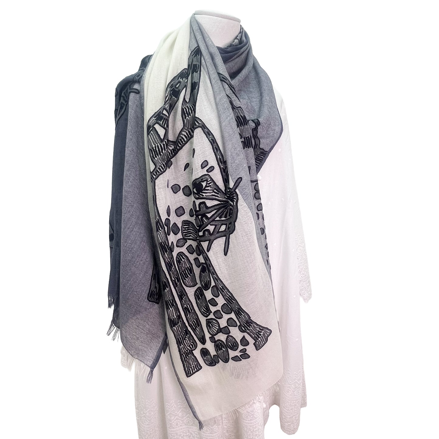 Fine wool & silk Ally hand-embroidered stole (grey/white)