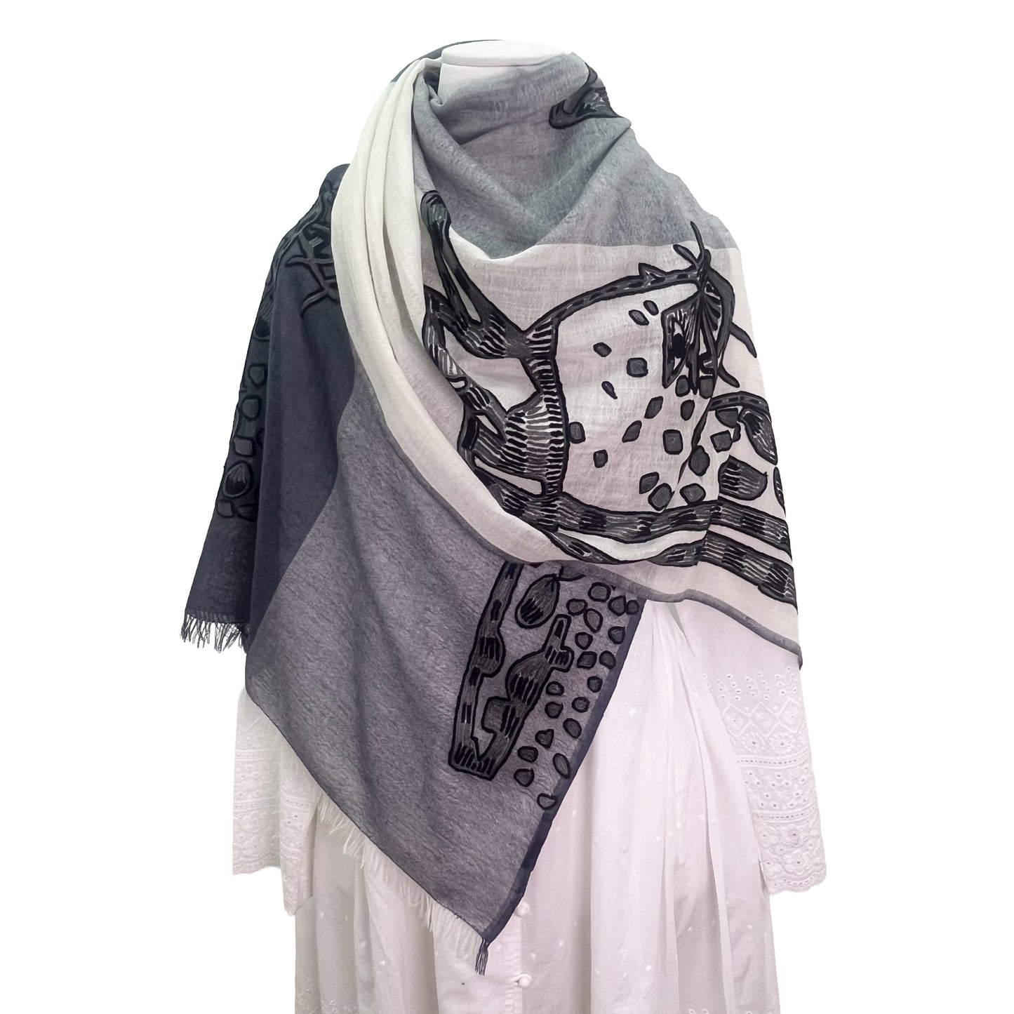 Fine wool & silk Ally hand-embroidered stole (grey/white)