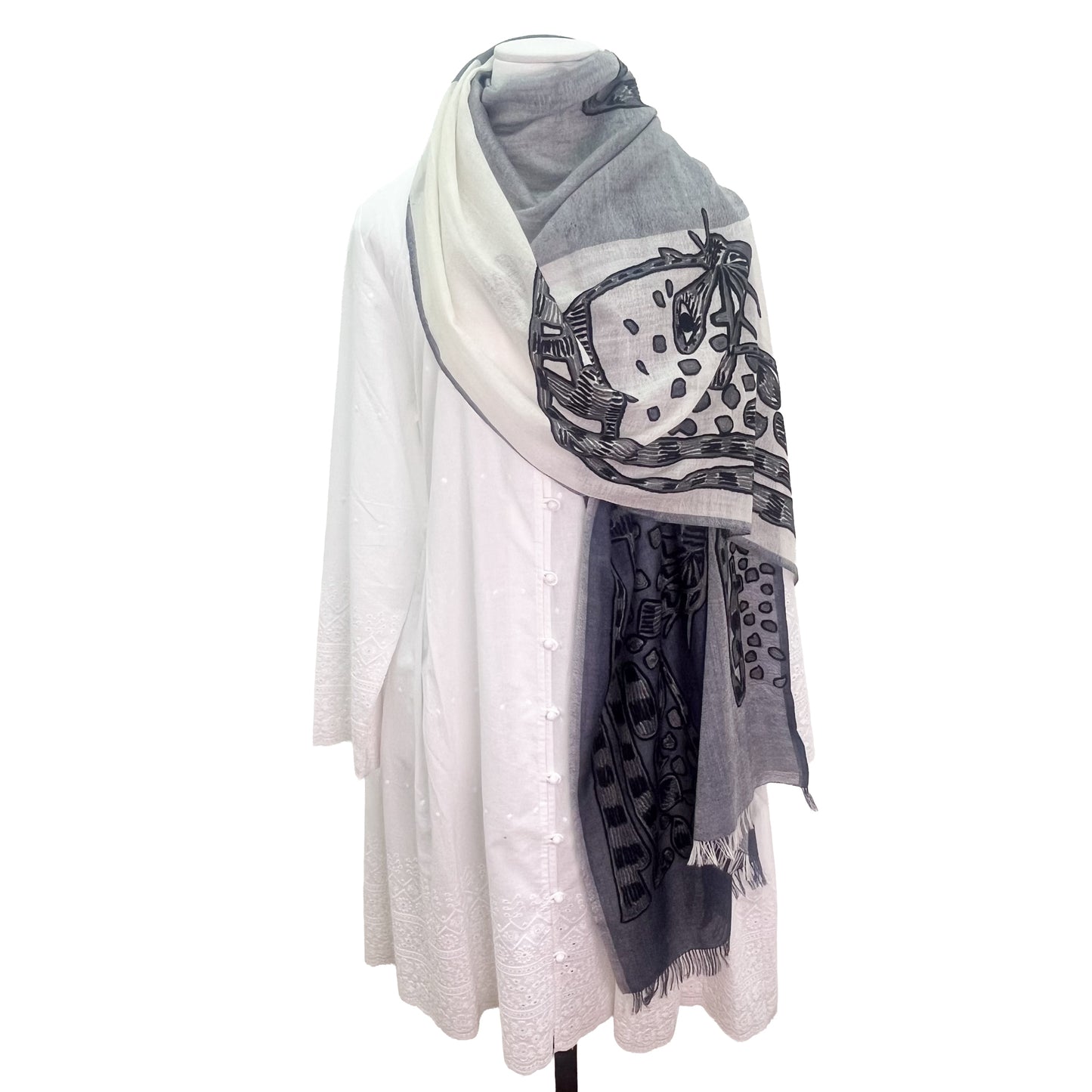 Fine wool & silk Ally hand-embroidered stole (grey/white)
