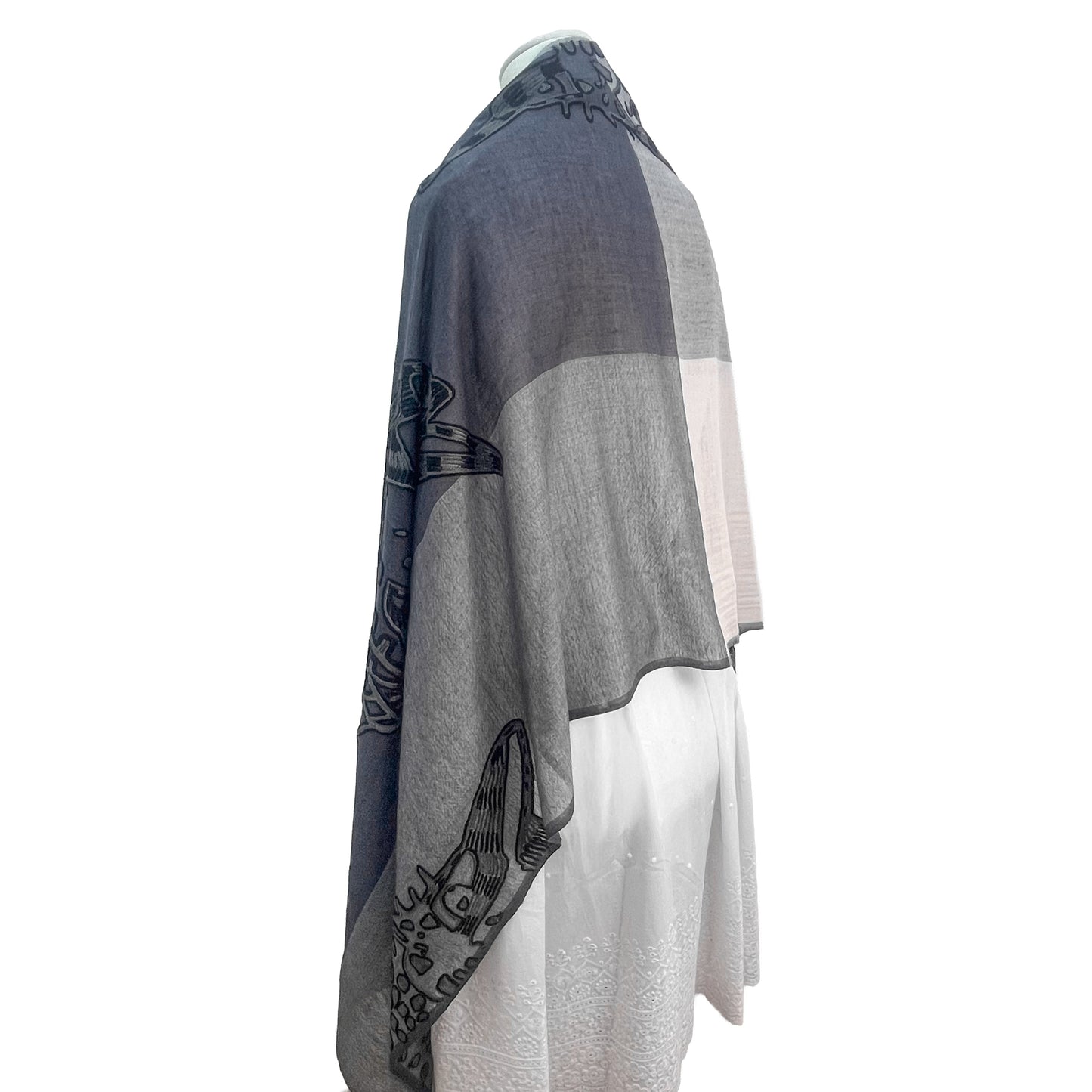 Fine wool & silk Ally hand-embroidered stole (grey/white)