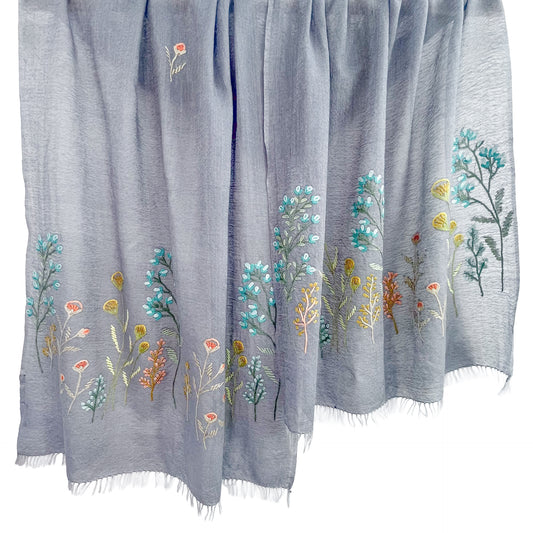 ウール&シルク アリー手刺繍ストール(グレー)