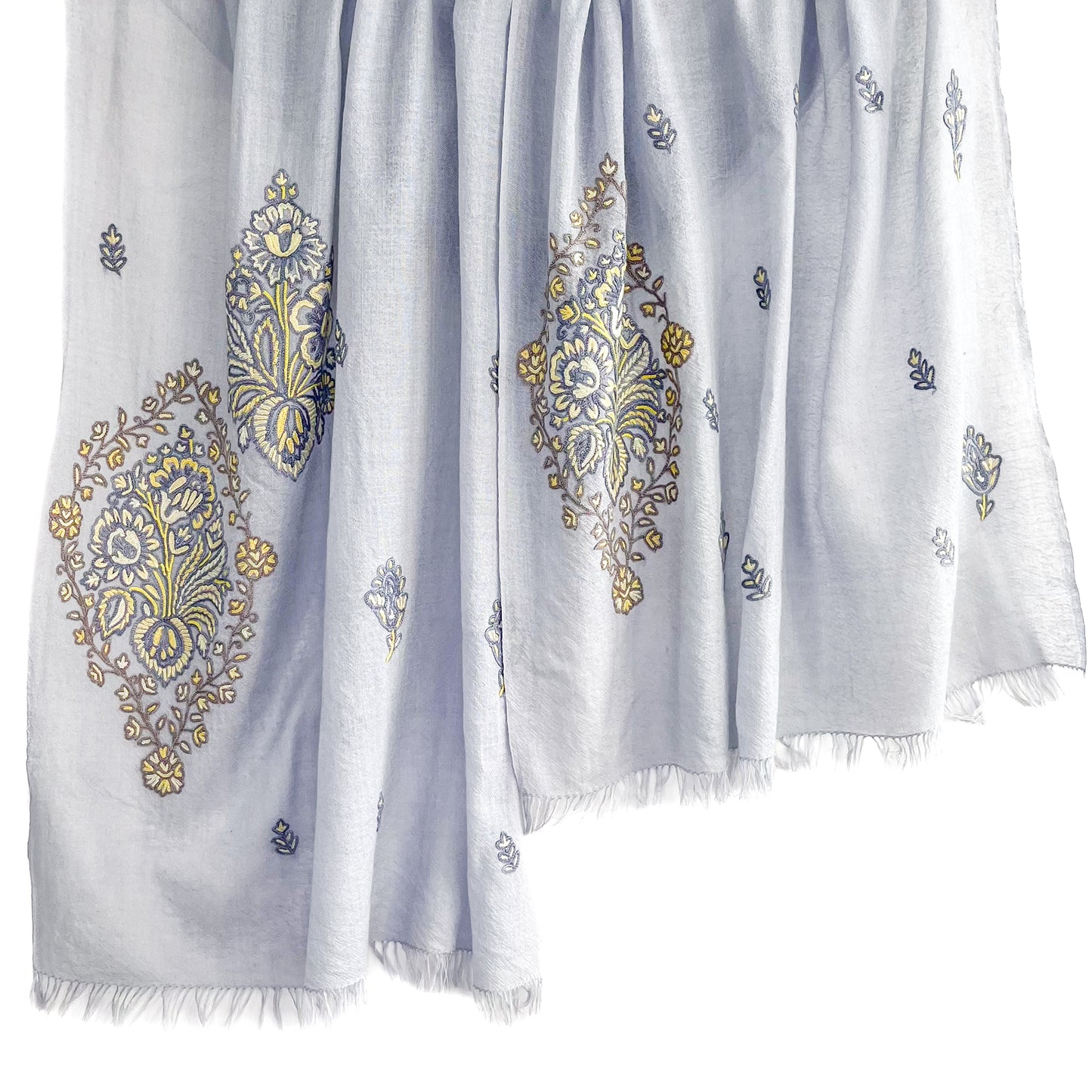 Jewelry Series Lightweight Wool &amp; Silk Allie Hand Embroidered Stole (Light Gray/Yellow)