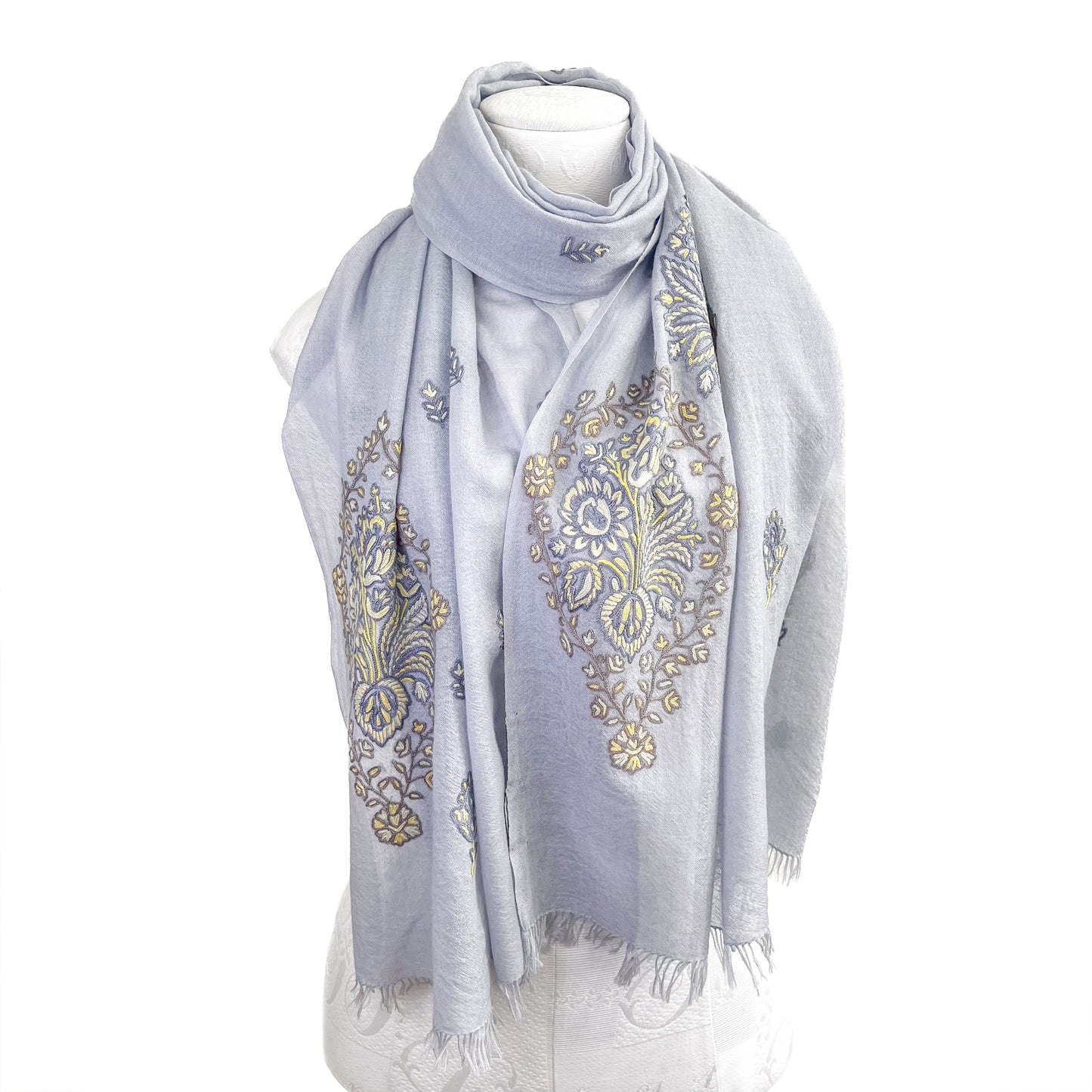 Jewelry Series Lightweight Wool &amp; Silk Allie Hand Embroidered Stole (Light Gray/Yellow)
