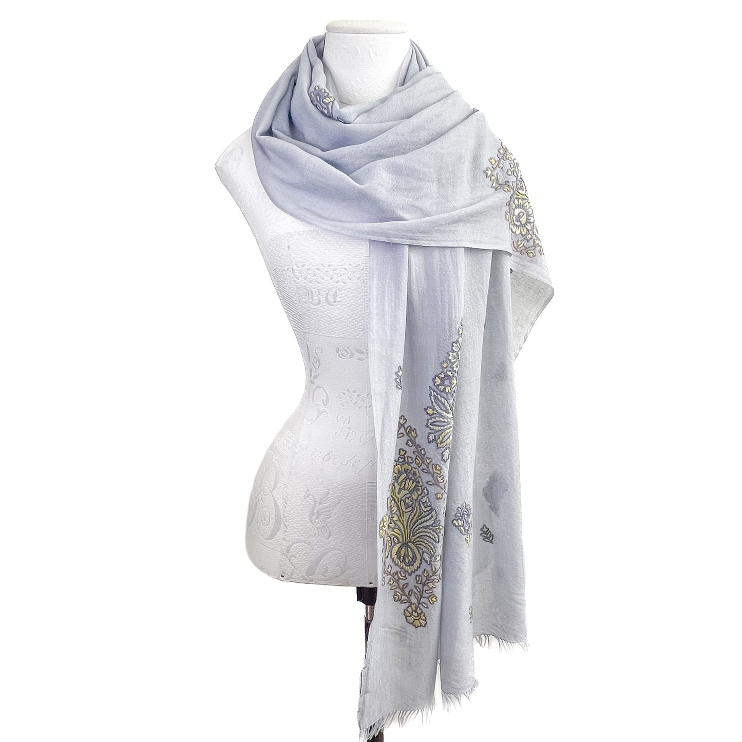 Jewelry Series Lightweight Wool &amp; Silk Allie Hand Embroidered Stole (Light Gray/Yellow)