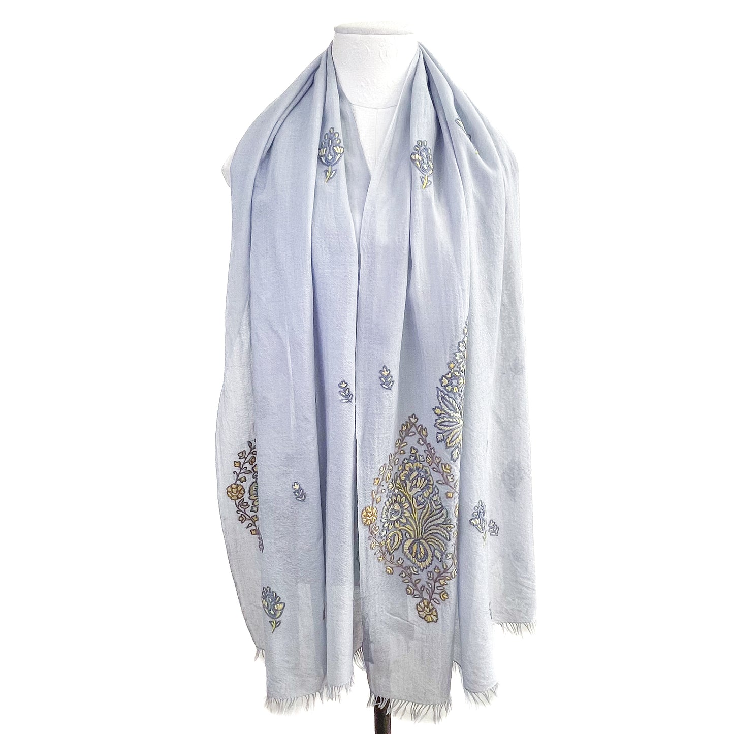 Jewelry Series Lightweight Wool &amp; Silk Allie Hand Embroidered Stole (Light Gray/Yellow)