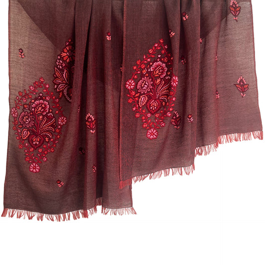 Jewelry Series 薄手ウール&シルク アリー手刺繍ストール (ダークレッド)
